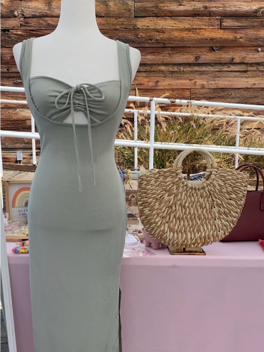 Sage Green Ribbed Tie-Front Maxi Dress